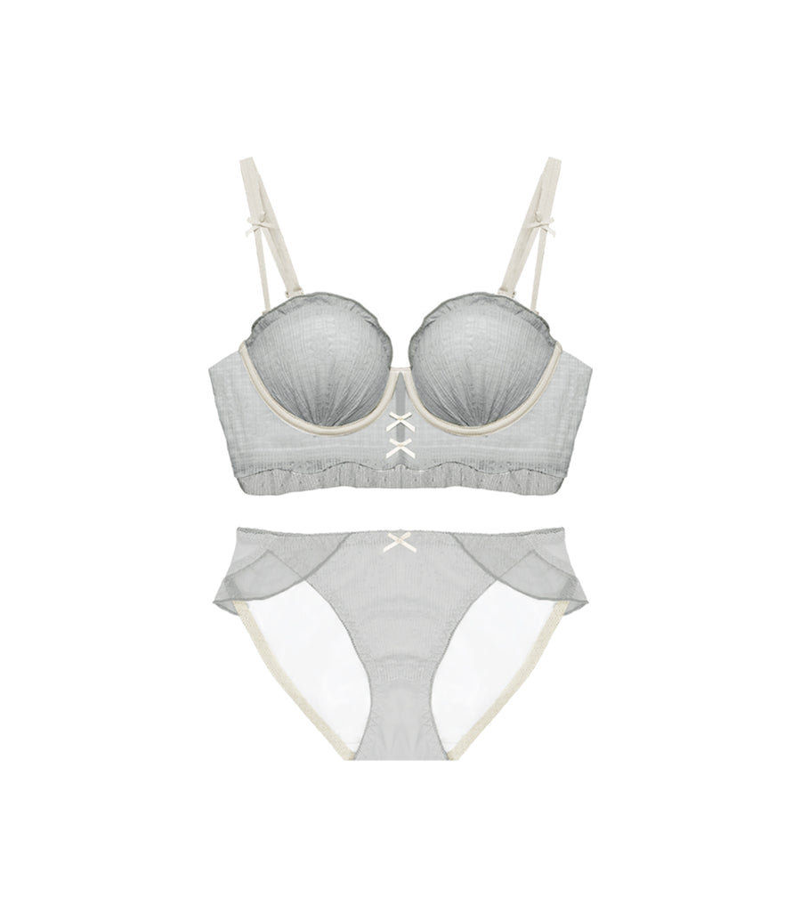 Sexy Concentrated Half Cup Wireless Bubble Wrinkle Vest Bra Set Blue Grey