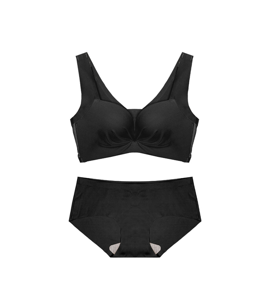Seamless Concentrated Wireless Wide Strap Beauty Back Bra Set Black