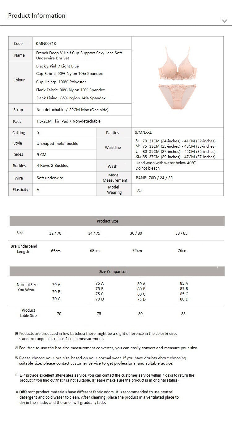 French Deep V Half Cup Support Sexy Lace Soft Underwire Bra Black