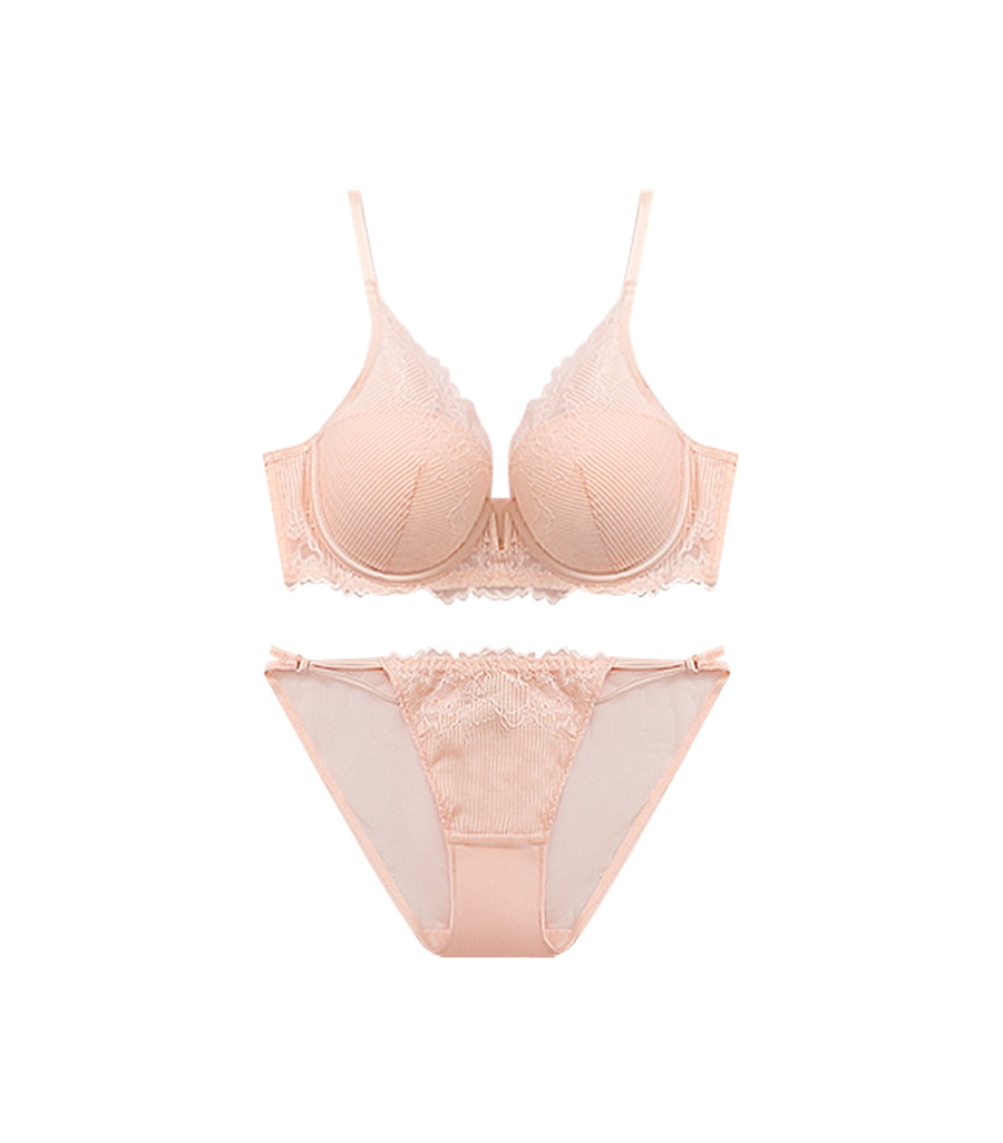 French Deep V Half Cup Support Sexy Lace Soft Underwire Bra Set Pink