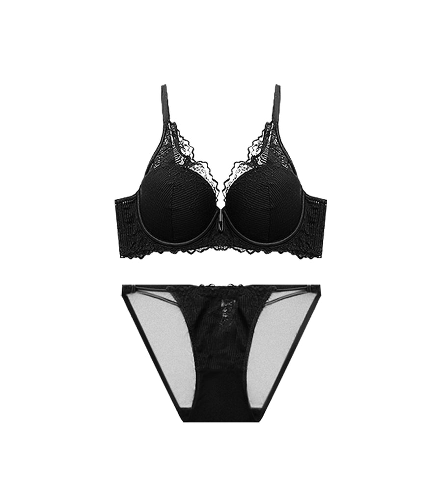 French Deep V Half Cup Support Sexy Lace Soft Underwire Bra Black