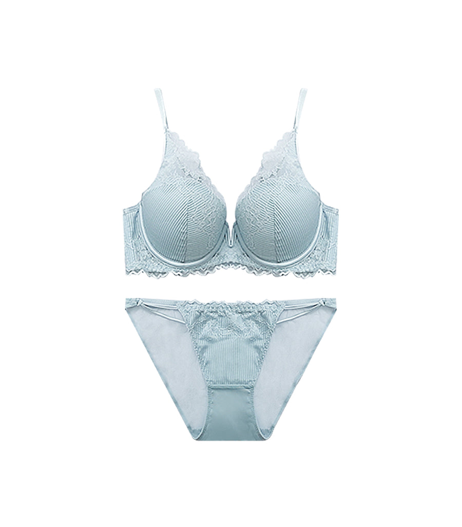 French Deep V Half Cup Support Sexy Lace Soft Underwire Bra Light Blue