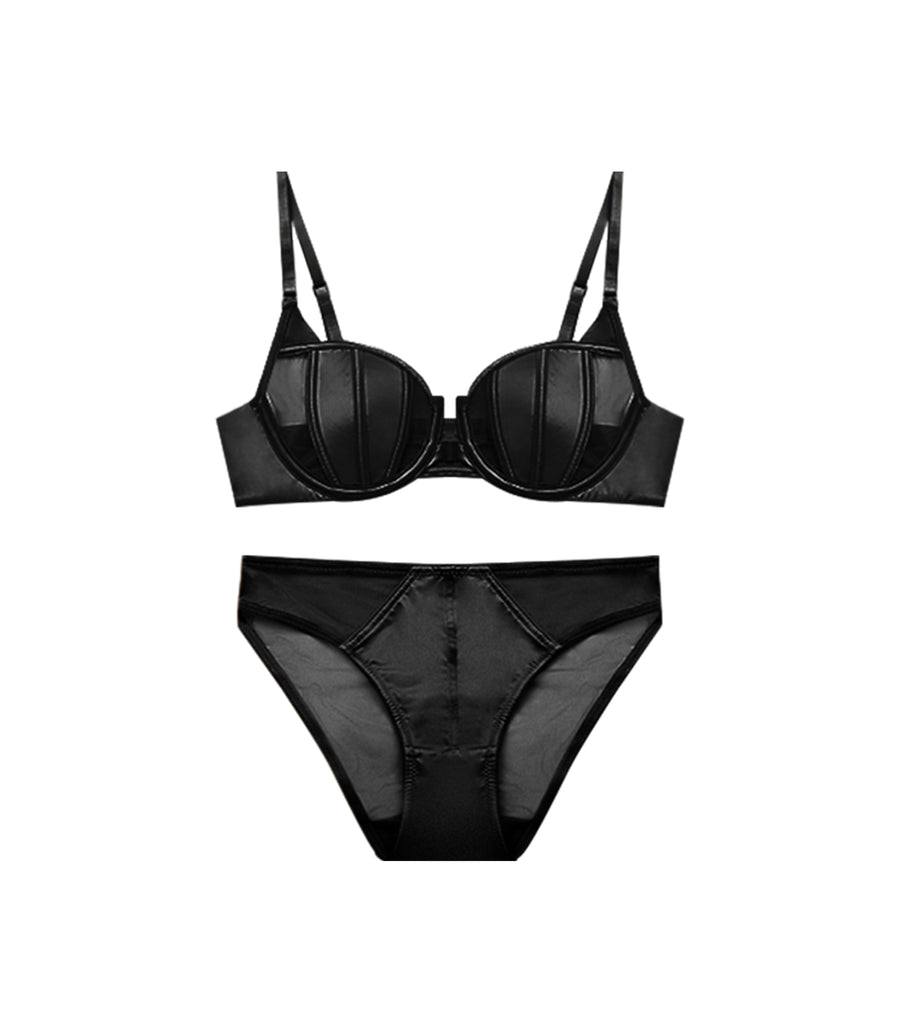 Extreme Sexy Front Buckle Satin Mesh Bra Set Black