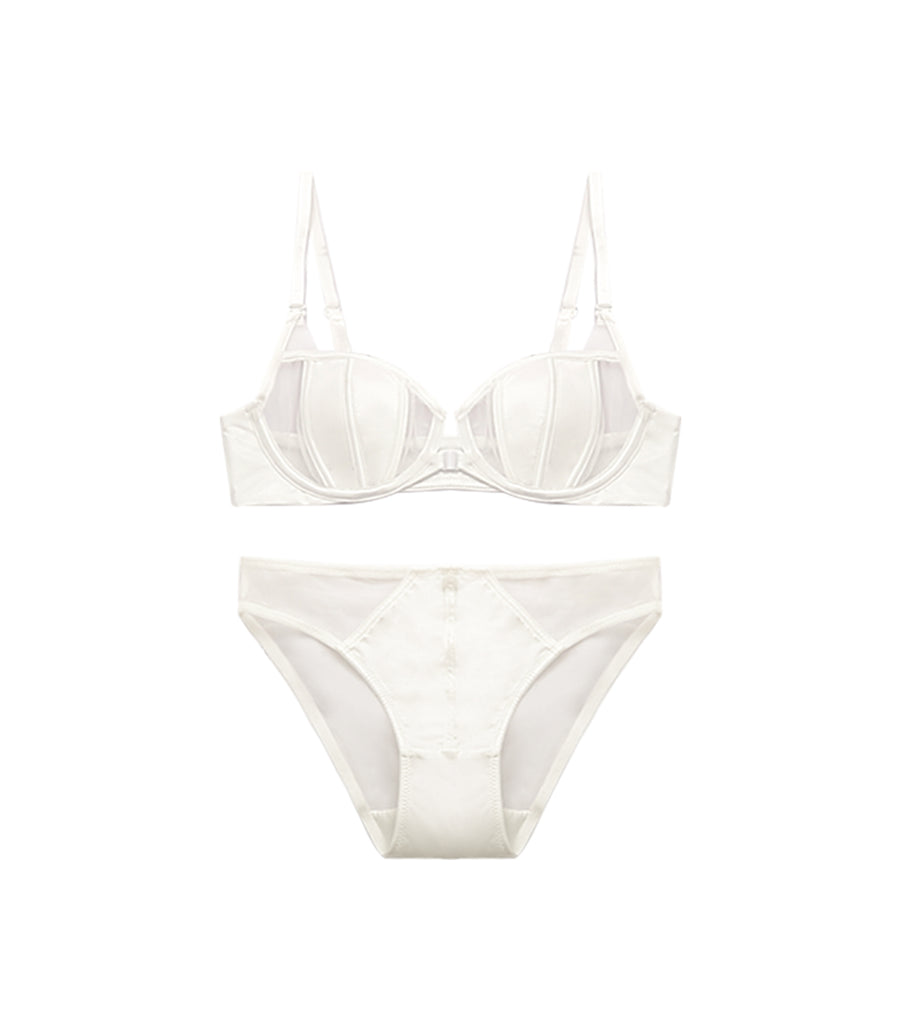Extreme Sexy Front Buckle Satin Mesh Bra Set White