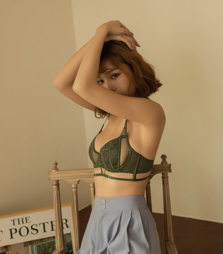 Sexy Transparent Mesh Hollow Out Shell Cup Shaped Bra Set Green