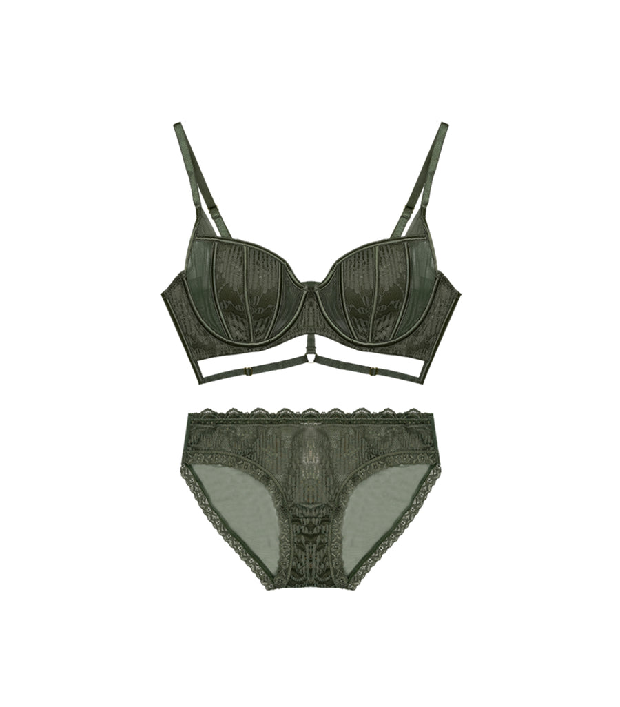 Sexy Transparent Mesh Hollow Out Shell Cup Shaped Bra Set Green