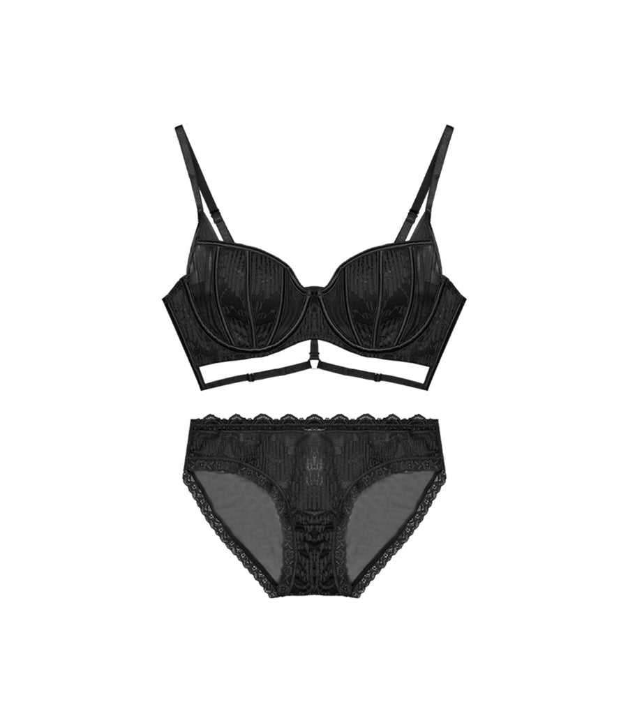 Sexy Transparent Mesh Hollow Out Shell Cup Shaped Bra Set Black