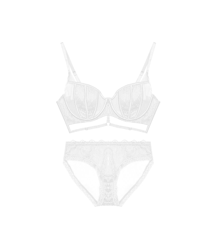 Sexy Transparent Mesh Hollow Out Shell Cup Shaped Bra Set White