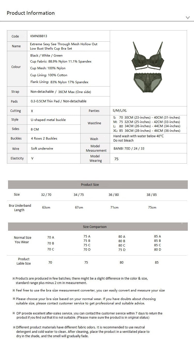 Sexy Transparent Mesh Hollow Out Shell Cup Shaped Bra Set Green