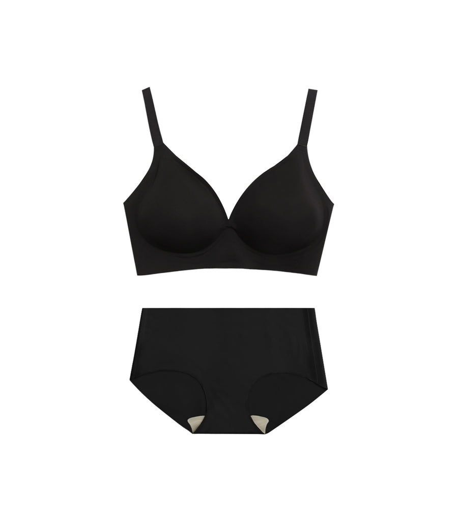Deep V Plain Wireless Beauty Back Bra Set Black
