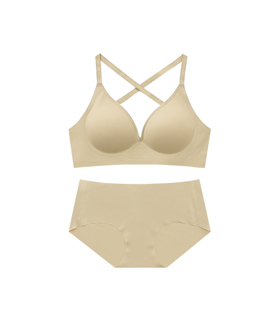 Deep V Plain Seamless Concentrated Cross Beauty Back Wireless Bra Set Milk Tea