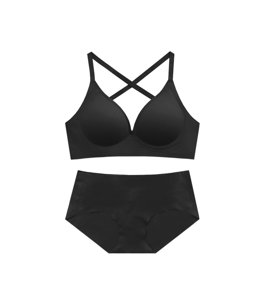 Deep V Plain Seamless Concentrated Cross Beauty Back Wireless Bra Set Black