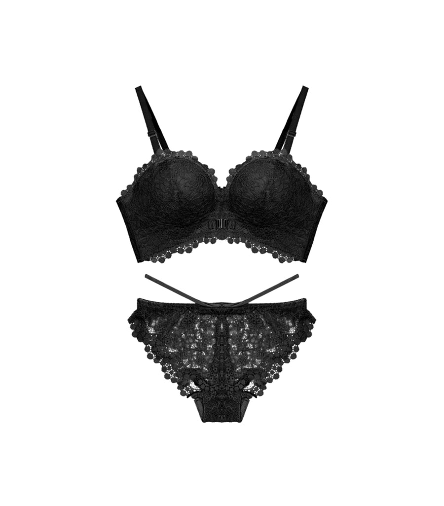 Double Front Buckle Soft Bun Concentrated Wireless Lace Bra Set Black