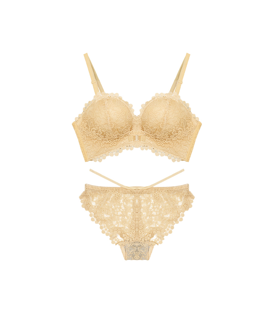 Double Front Buckle Soft Bun Concentrated Wireless Lace Bra Set Nude