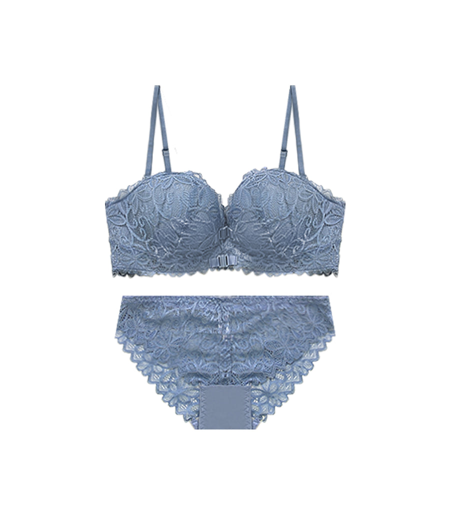 Double Front Buckle Half-Cup Embroidery
Sexy Back Soft Wired Bra Set Blue