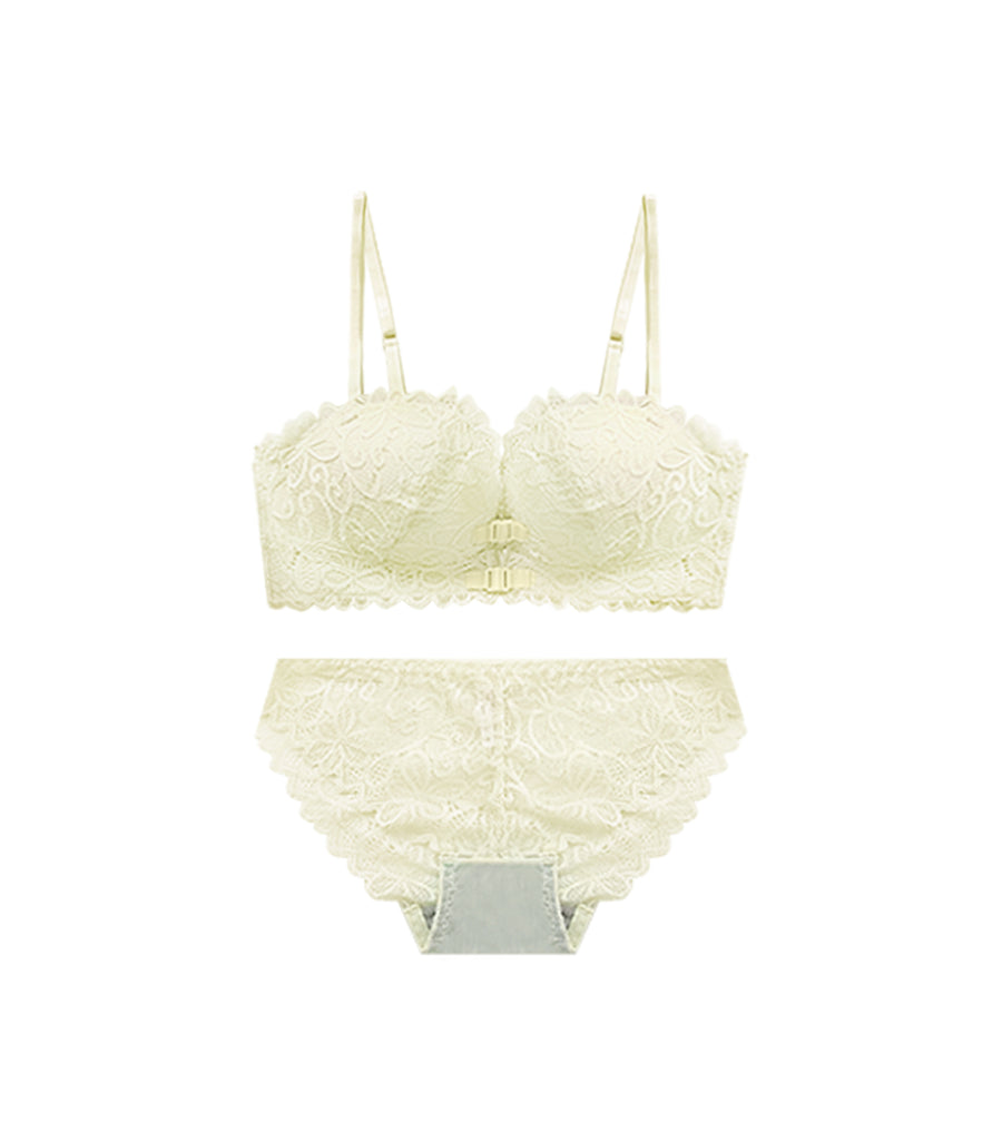Double Front Buckle Half-Cup Embroidery
Sexy Back Soft Wired Bra Set Cream