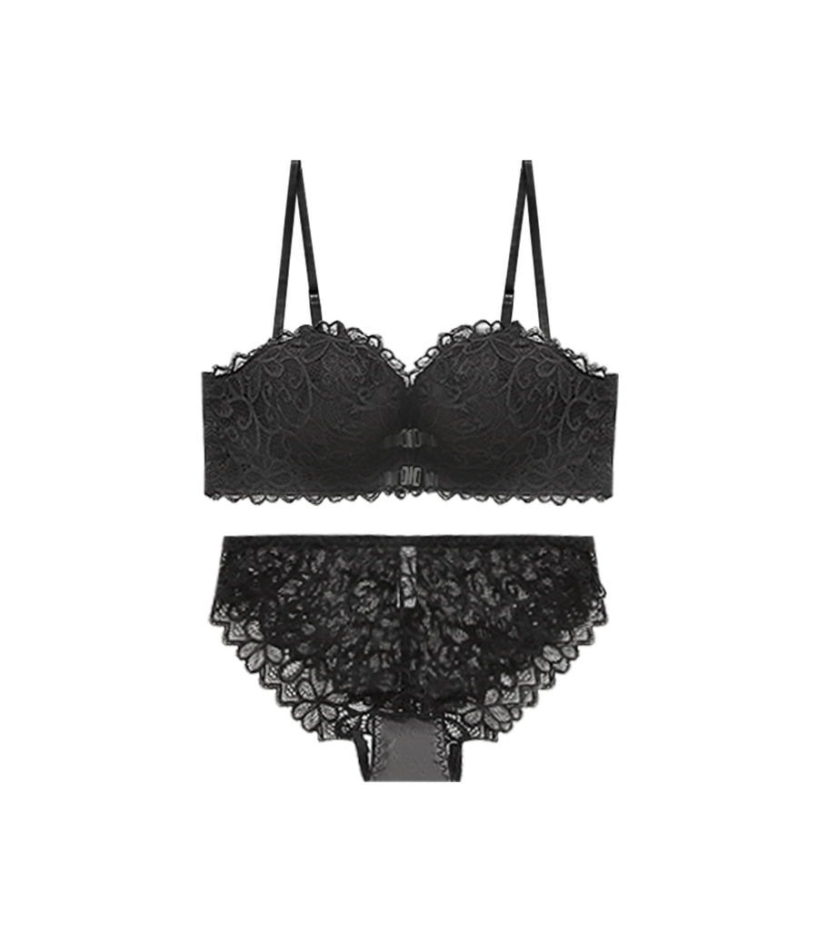 Double Front Buckle Half-Cup Embroidery
Sexy Back Soft Wired Bra Set Black