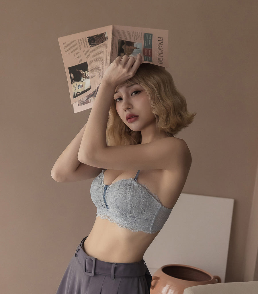 Wireless Concentrated Lace Beautiful Back Bra Set Blue Grey