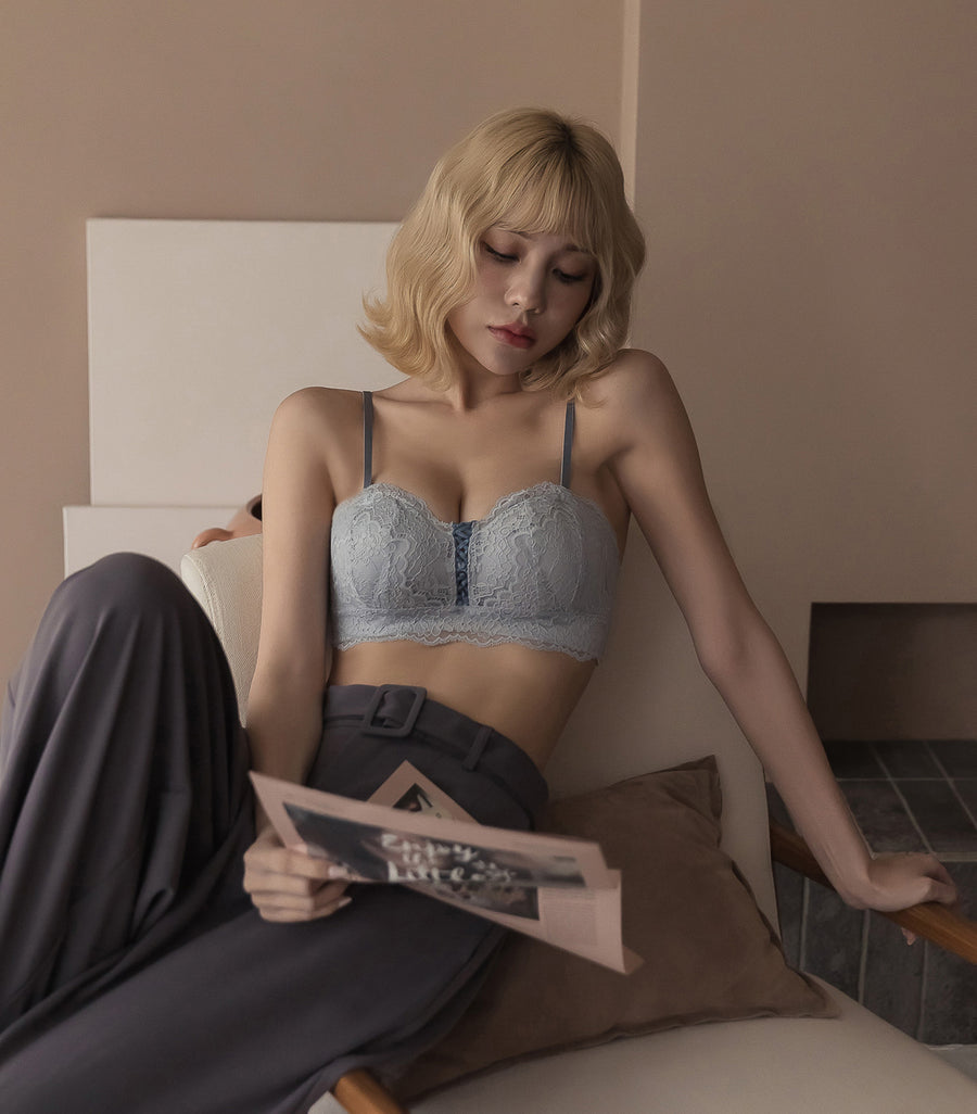Wireless Concentrated Lace Beautiful Back Bra Set Blue Grey