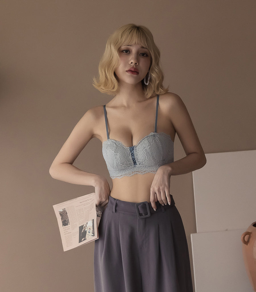 Wireless Concentrated Lace Beautiful Back Bra Set Blue Grey