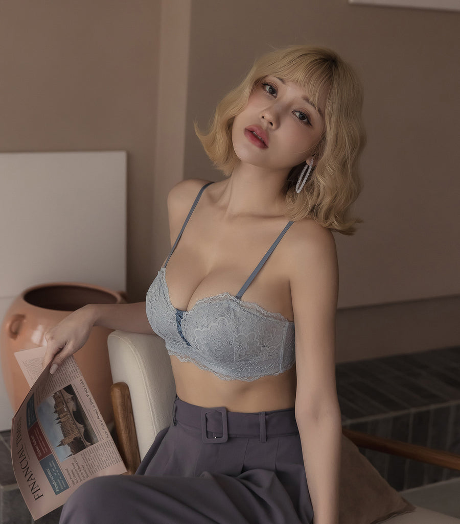 Wireless Concentrated Lace Beautiful Back Bra Set Blue Grey
