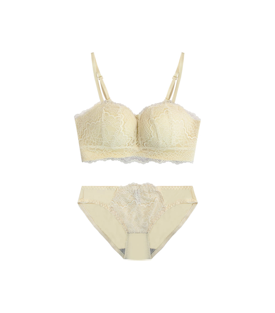 Wireless Concentrated Lace Beautiful Back Bra Set White Cream