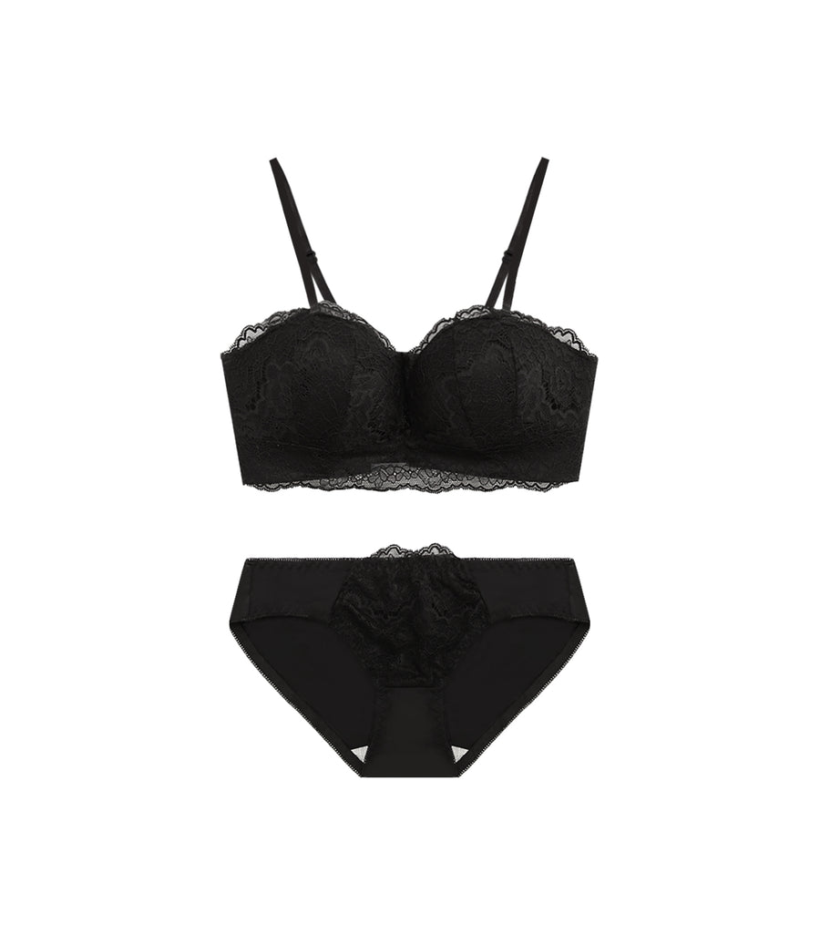 Wireless Concentrated Lace Beautiful Back Bra Set Black
