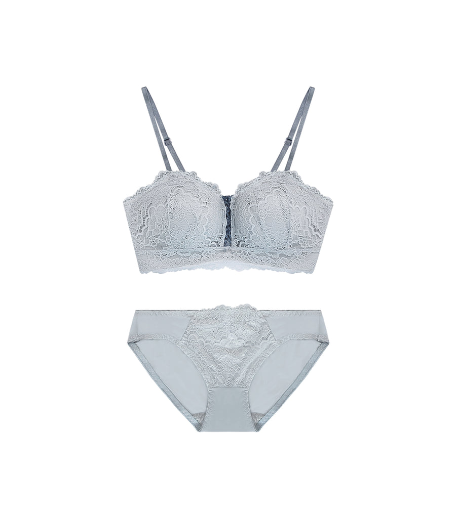 Wireless Concentrated Lace Beautiful Back Bra Set Blue Grey