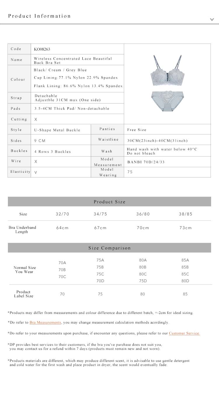 Wireless Concentrated Lace Beautiful Back Bra Set White Cream