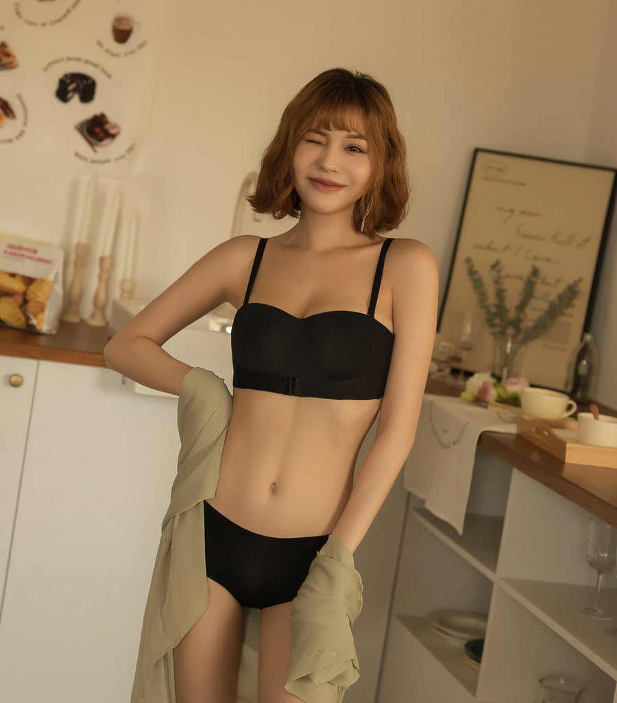 Seamless Concentrated Covered Push Up Wireless Bra Set Black