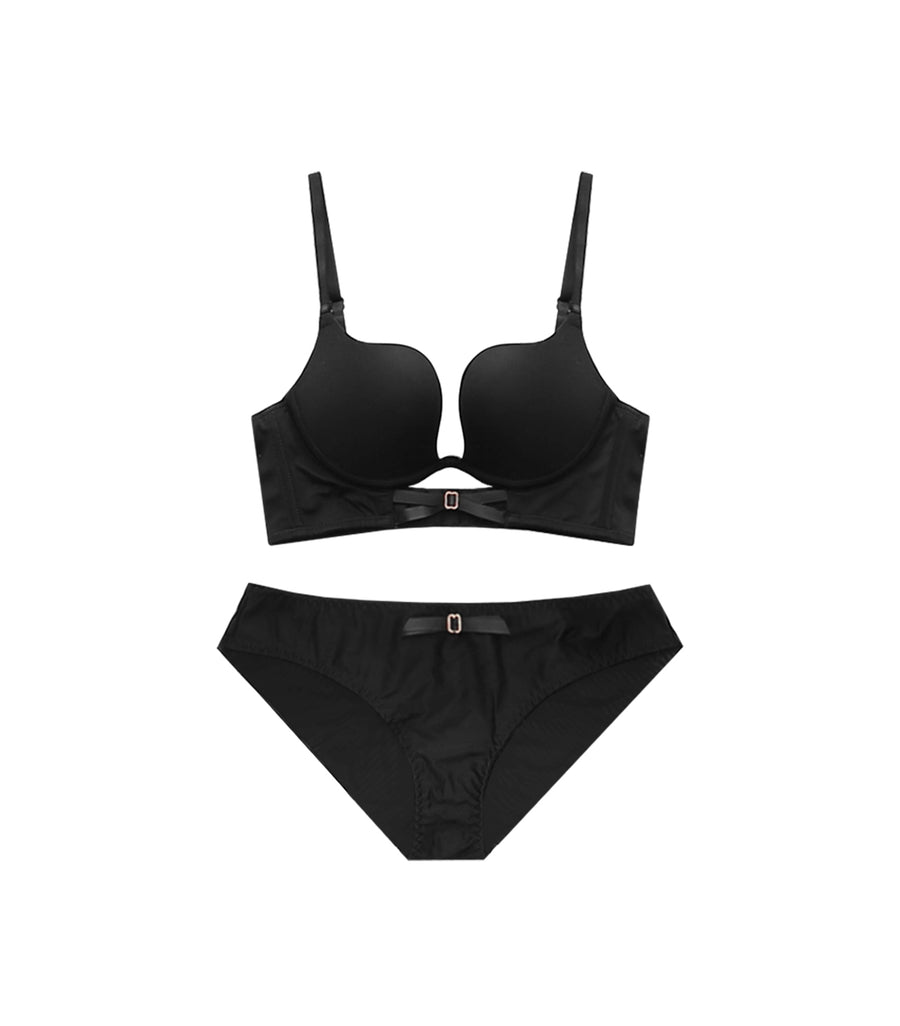 Sexy Deep Cross Hollow Out Soft Wire Plain Seamless Bra Set Black