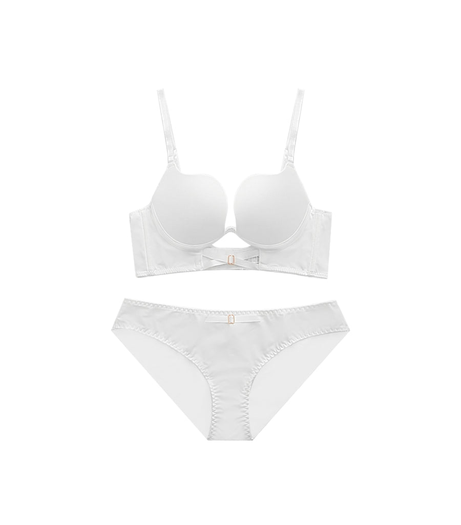 Sexy Deep Cross Hollow Out Soft Wire Plain Seamless Bra Set White