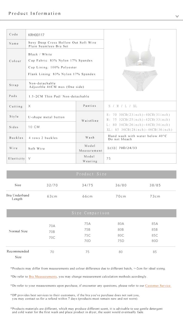 Sexy Deep Cross Hollow Out Soft Wire Plain Seamless Bra Set White
