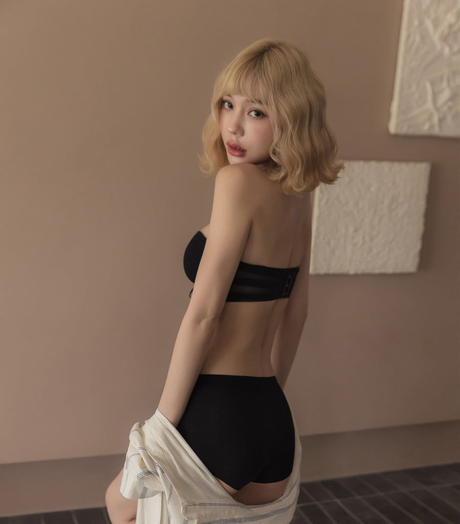 Deep V Concentrated Transparent Beauty Back Wireless Bra Set Black