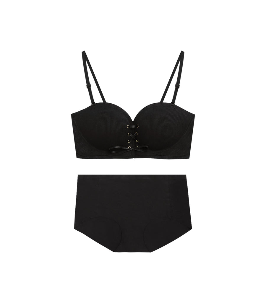 Deep V Concentrated Transparent Beauty Back Wireless Bra Set Black