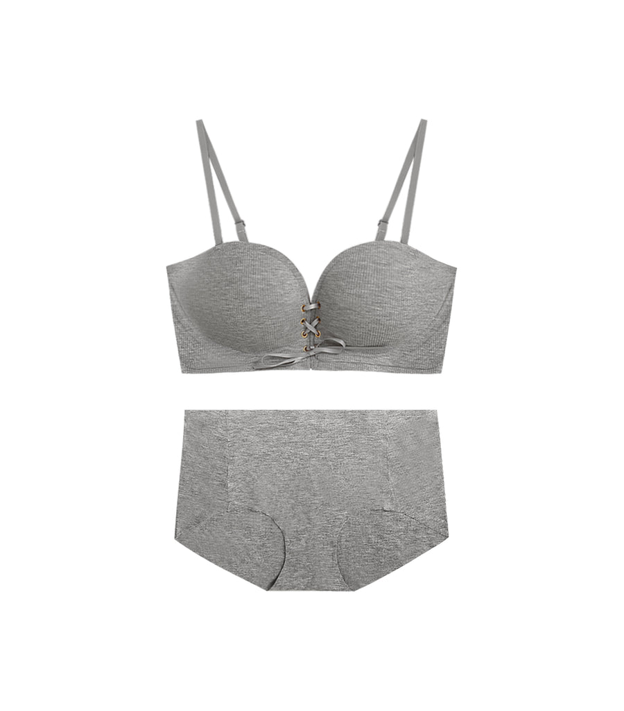 Deep V Concentrated Transparent Beauty Back Wireless Bra Set Grey