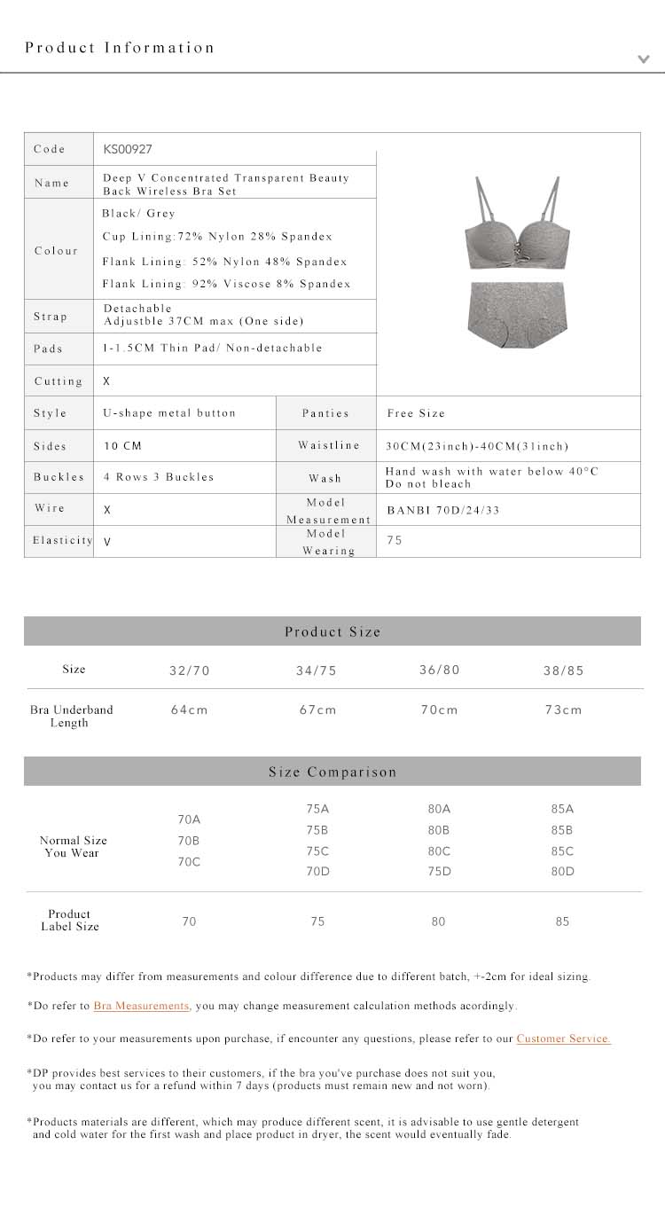 Deep V Concentrated Transparent Beauty Back Wireless Bra Set Grey
