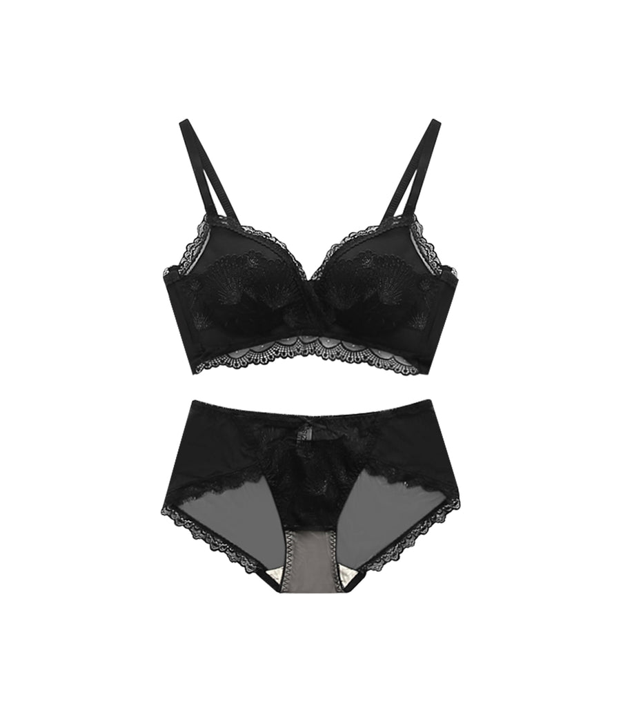 Wireless Lace Embroidery Concentrated Bra Set Black
