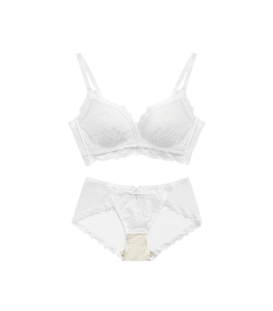Wireless Lace Embroidery Concentrated Bra Set White