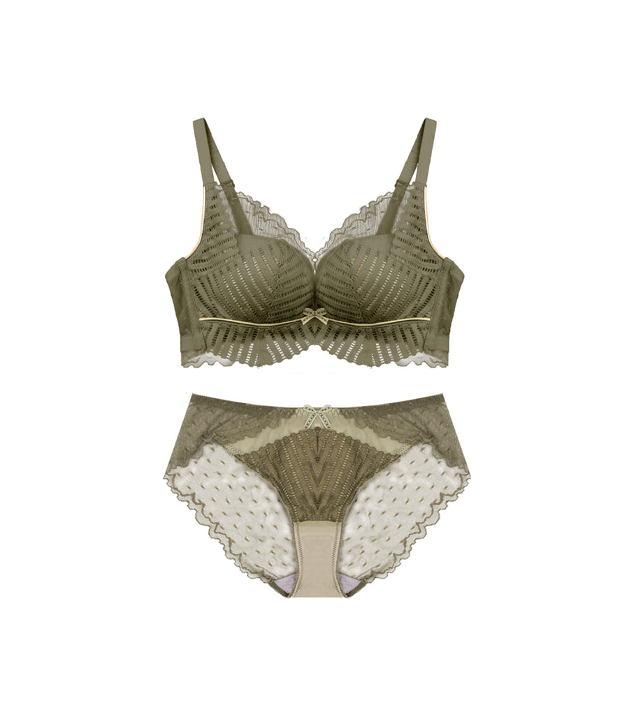 Concentrated Lifting V-shaped Lace Mesh Beauty Wireless Bra Set Green