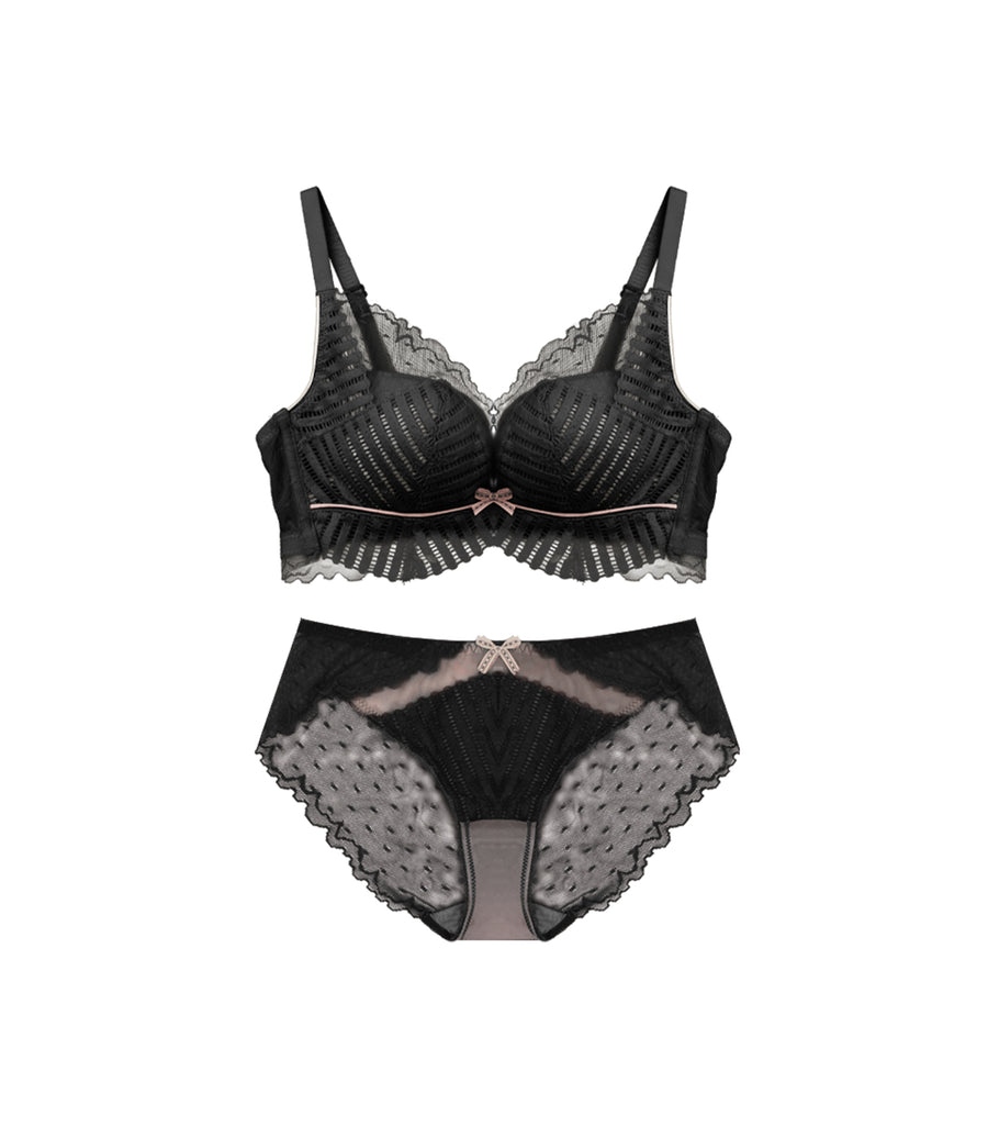 Concentrated Lifting V-shaped Lace Mesh Beauty Wireless Bra Set Black