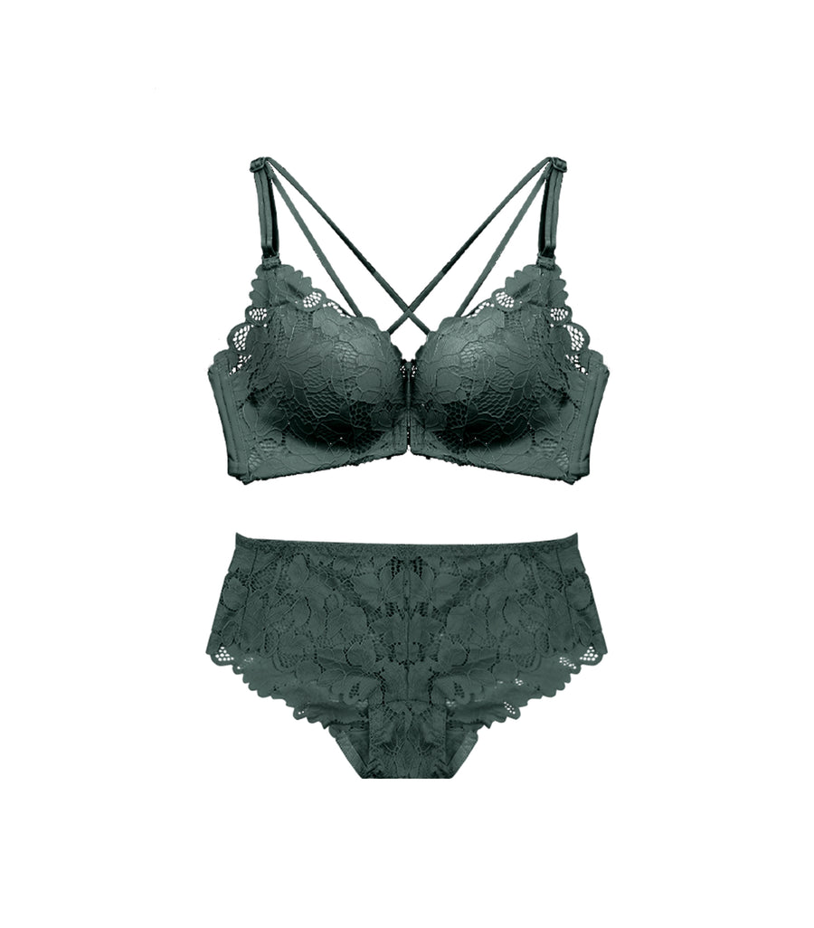 Deep Cleavage Front Buckle Flora Crossed Beauty Back Wireless Bra Set Green