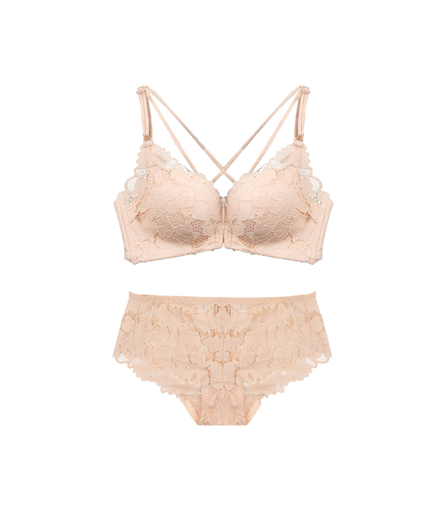 Deep Cleavage Front Buckle Flora Crossed Beauty Back Wireless Bra Set Apricot