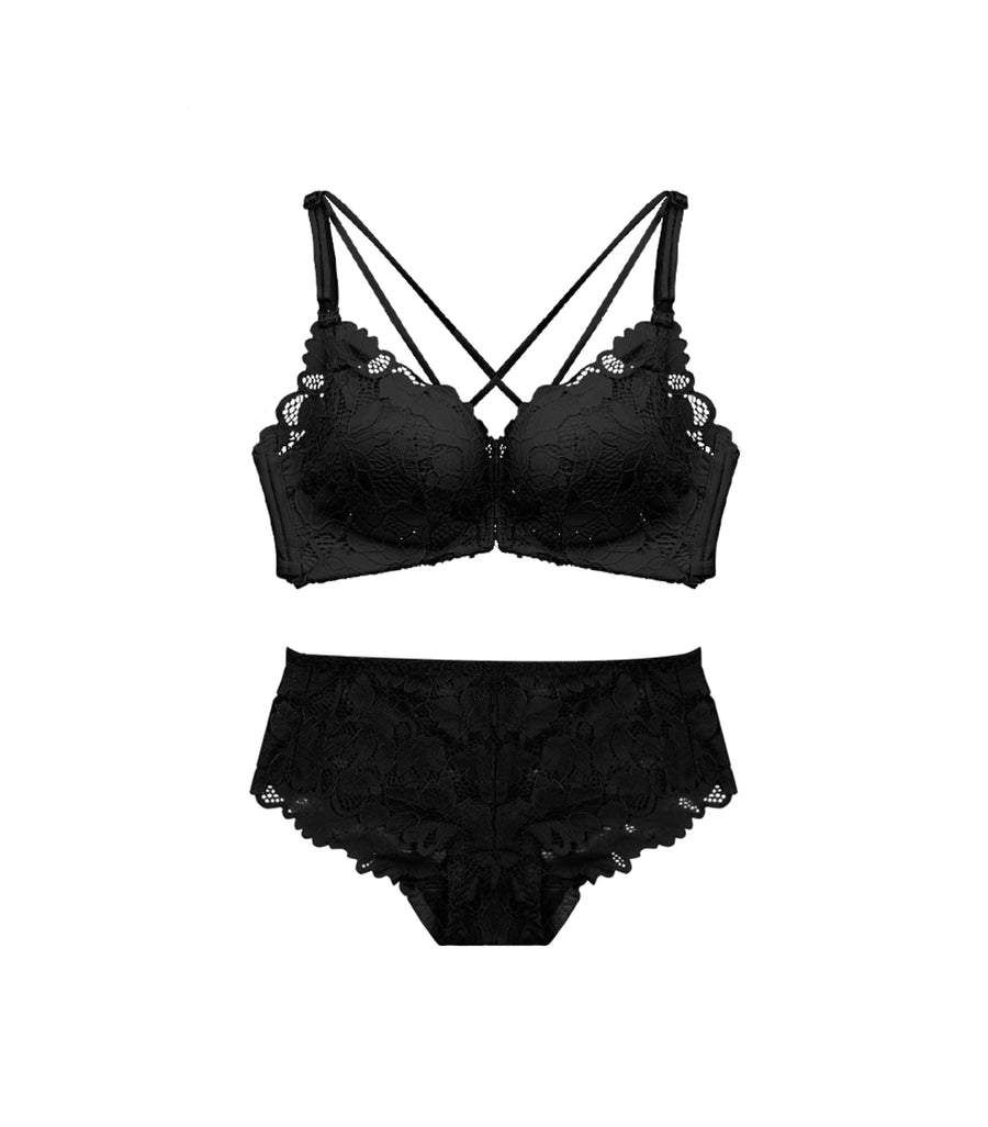 Deep Cleavage Front Buckle Flora Crossed Beauty Back Wireless Bra Set Black