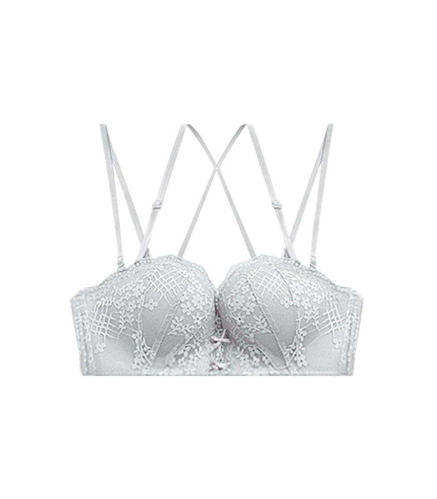 Plump Flower Thin Shoulder Straps Beauty Back Half Cup Wireless Bra- No panties Blue Grey