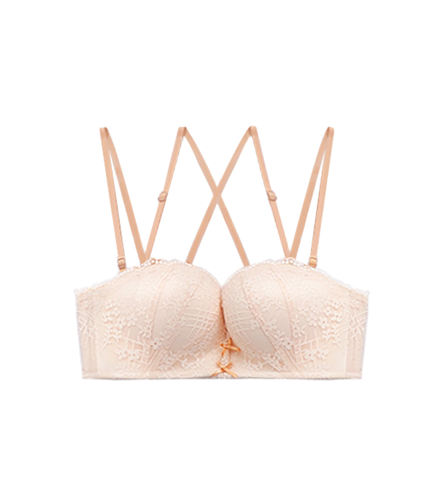 Plump Flower Thin Shoulder Straps Beauty Back Half Cup Wireless Bra- No panties Nude Pink