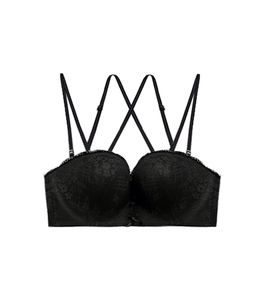 Plump Flower Thin Shoulder Straps Beauty Back Half Cup Wireless Bra- No panties Black