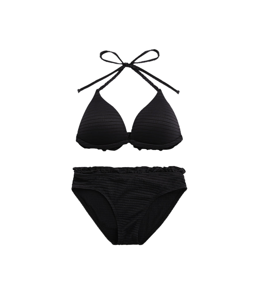 Deep V Concentrated Wooden Ear Two Piece Bikini Black