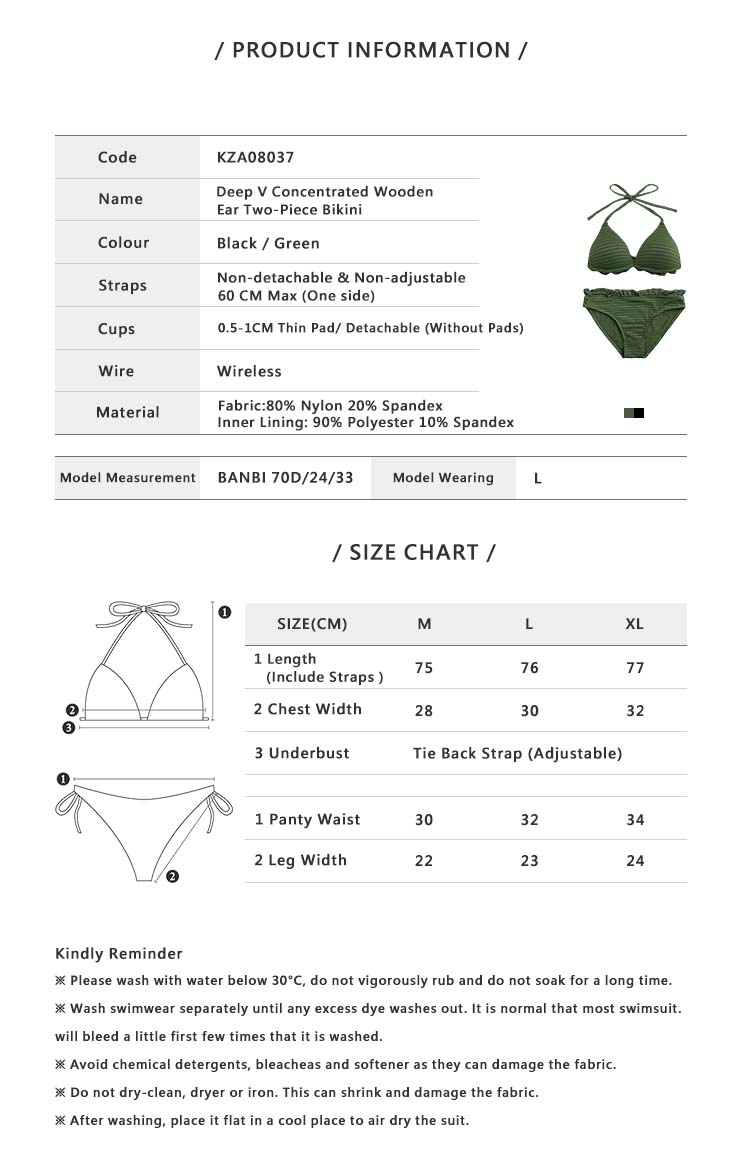 Deep V Concentrated Wooden Ear Two Piece Bikini Green