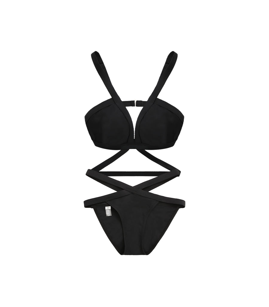 Sexy Cross Hollow Deep V Two Piece Bikini Black